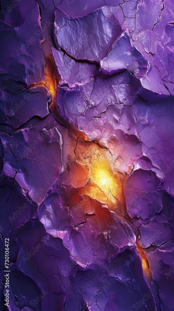 Textured Surface with a Central Focal Point that appears to be Glowing Warmly - Cracked Peeling Layers revealing Inner Light - Colors are Various Shades of Purple created with Generative AI Technology