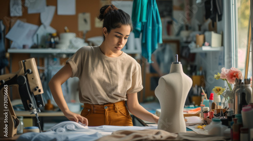 young woman in a studio adjusting a garment on a mannequin, with a creative and organized workspace around her.
