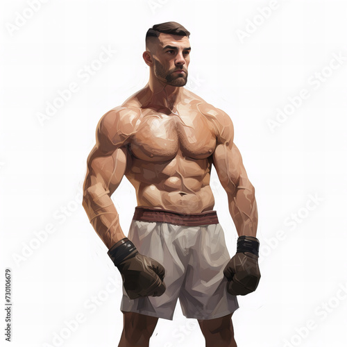 Digital Illustration of Muscular Athlete with Boxing Gloves in Dynamic Pose on White Background for Fitness and Sport Design Concepts © Dmitry