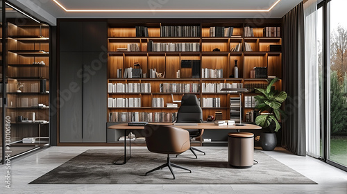 A home office with a minimalist desk and a large bookshelf.
