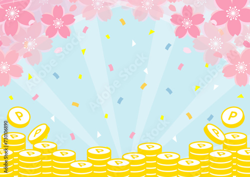 桜のかわいいポイントコイン背景　青空イメージの水色　サイズ比率3:4