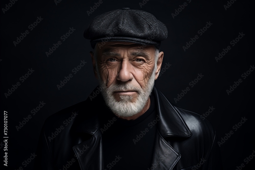 Portrait of an old man in a black leather jacket and cap. Portrait of an old man in a black leather jacket and cap.