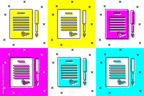 Set Marriage contract icon isolated on color background. Wedding certificate. Vector