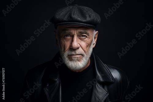 Portrait of an old man in a black leather jacket and cap.