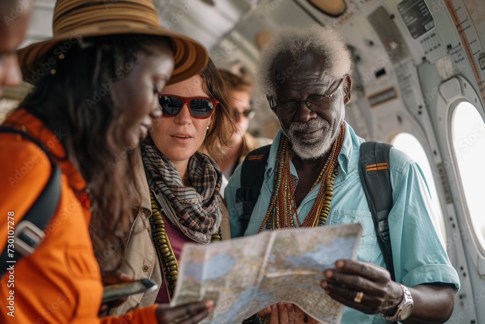 A couple stepping off the plane and being welcomed by local guides, who present them with a map and a small gift emblematic of the culture 