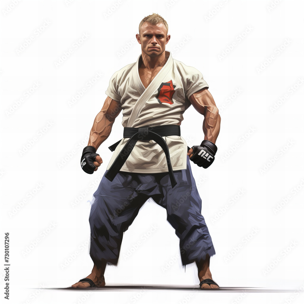 Digital Illustration of a Fierce Martial Artist in Karate Gi Stance with Black Belt Digital Illustration of a Fierce Martial Artist in Karate Gi Stance with Black Belt
