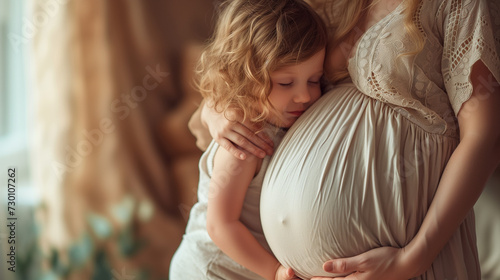 Young girl kissing belly of her pregnant mother. Caucasian girl kissing belly of pregnant mother. Pregnant mother and daughter having fun time at home. Happy for the new sister. Girl touching pregnant photo