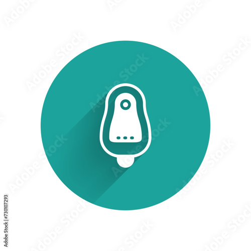 White Toilet urinal or pissoir icon isolated with long shadow. Urinal in male toilet. Washroom, lavatory, WC. Green circle button. Vector