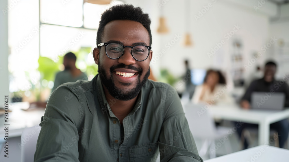 Obraz premium A smiling man with glasses is sitting in a casual office setting, exuding confidence and satisfaction.