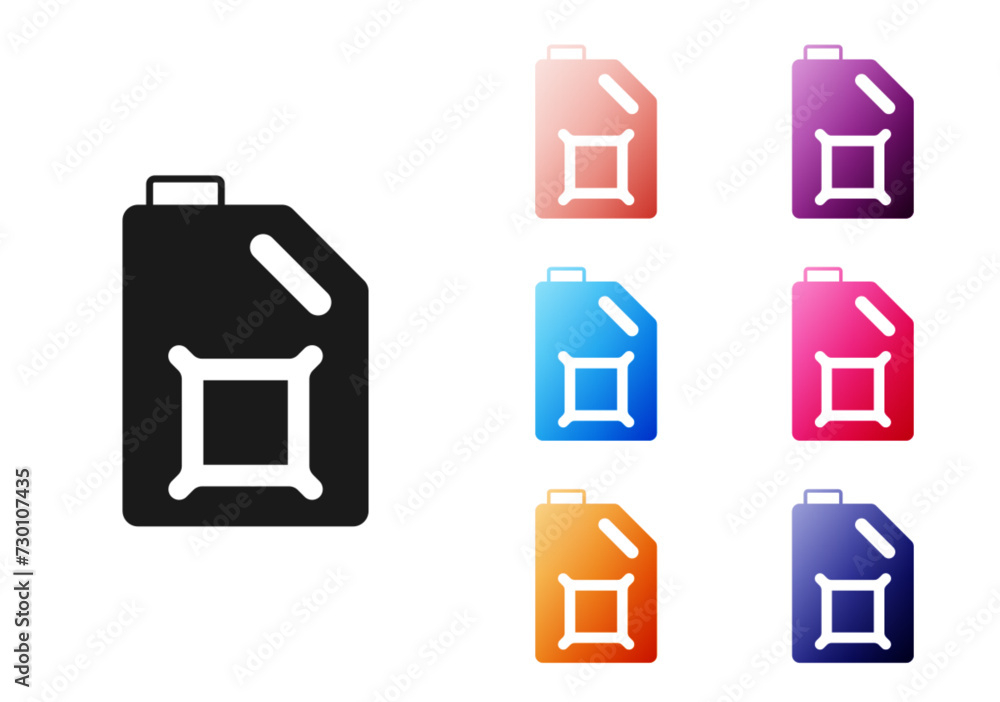 Black Canister for motor machine oil icon isolated on white background. Oil gallon. Oil change service and repair. Engine oil sign. Set icons colorful. Vector Black Canister for motor machine oil icon isolated on white background. Oil gallon. Oil change service and repair. Engine oil sign. Set icons colorful. Vector
