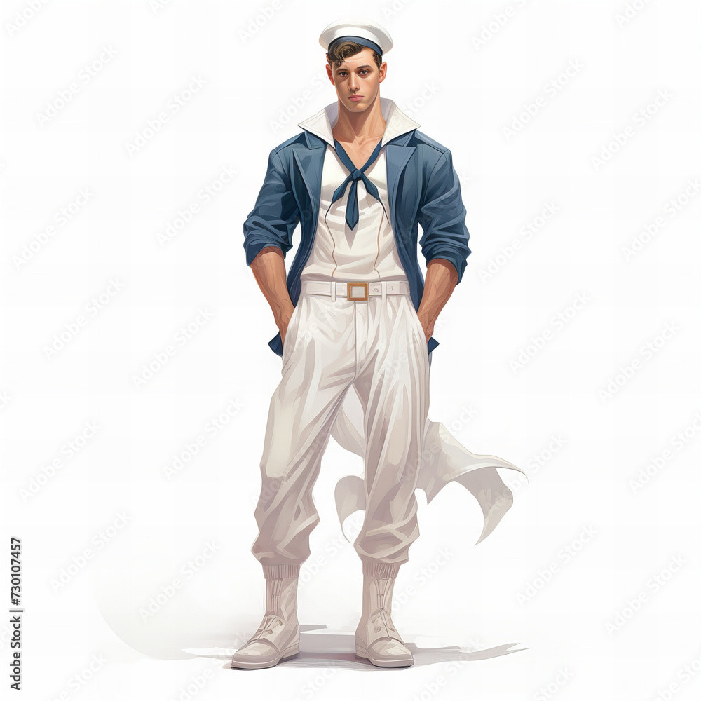 Confident Retro Sailor Standing with Hands on Hips in Stylish Uniform Vector Illustration for Nautical Themes and Fashion Designs Confident Retro Sailor Standing with Hands on Hips in Stylish Uniform Vector Illustration for Nautical Themes and Fashion Designs