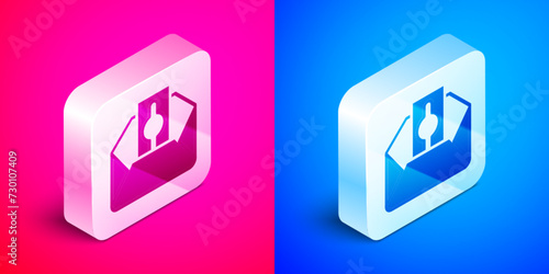 Isometric Donate or pay your zakat as muslim obligatory icon isolated on pink and blue background. Muslim charity or alms in ramadan kareem before eid al-fir. Silver square button. Vector photo