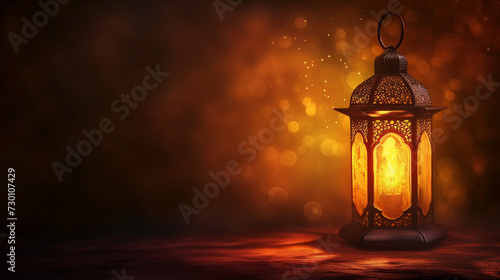 Arabic lantern with burning candle and Copy Space. Ramadan and Eid 2024