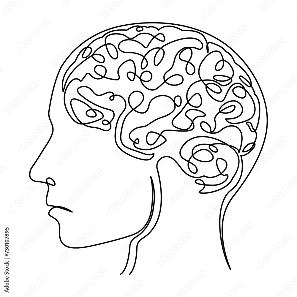 Continuous single line drawing Human head with brain Vector illustration on a white background Continuous single line drawing Human head with brain Vector illustration on a white background