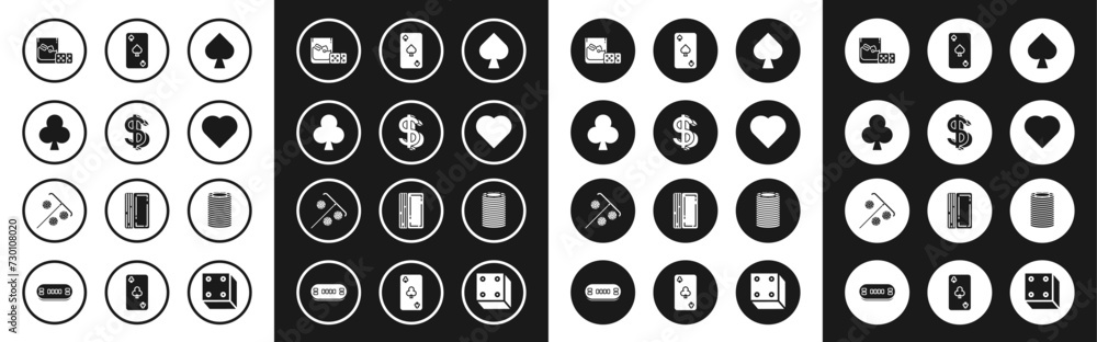 Set Playing card with spades symbol, Dollar, clubs, Game dice and glass of whiskey ice cubes, heart, Casino chips and Stick for icon. Vector Set Playing card with spades symbol, Dollar, clubs, Game dice and glass of whiskey ice cubes, heart, Casino chips and Stick for icon. Vector
