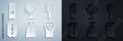 Set Aftershave, Hairbrush, Blade razor, Electrical hair clipper shaver, Hand mirror and Shaving gel foam icon. Vector