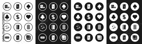 Set Playing card with spades symbol, Dollar, clubs, Game dice and glass of whiskey ice cubes, heart, Casino chips and Stick for icon. Vector