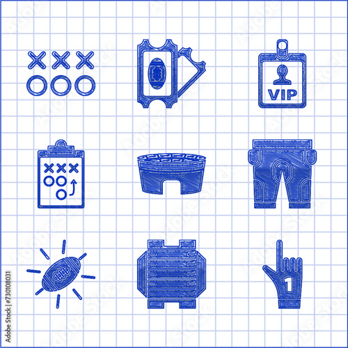 Set Football stadium, American football field, Number 1 one fan hand glove with finger raised, shorts, Planning strategy concept, VIP badge and icon. Vector