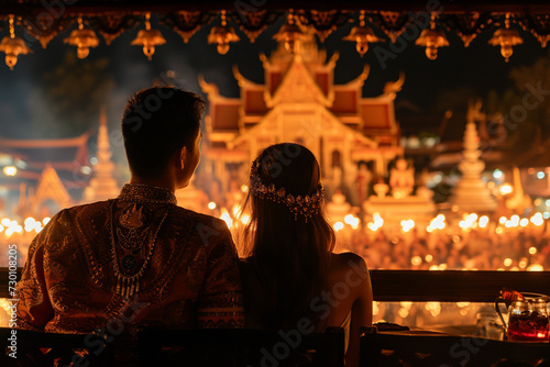 A couple watching a traditional Thai cultural show in Phuket, with dancers in elaborate costumes and captivating music