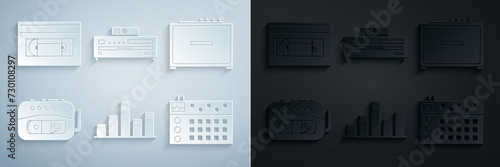 Set Music equalizer, Guitar amplifier, tape player, Drum machine, CD and VHS video cassette icon. Vector