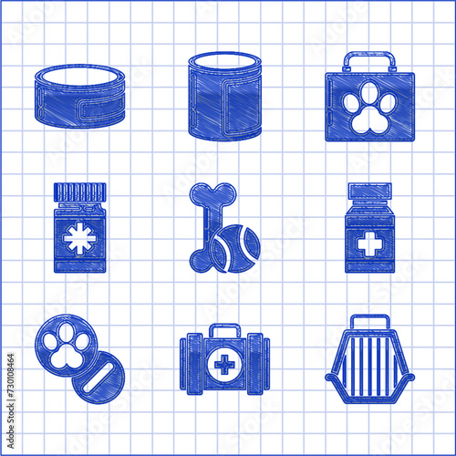 Set Pet toys bone rubber and ball, first aid kit, carry case, Dog medicine bottle pills, and Canned food icon. Vector
