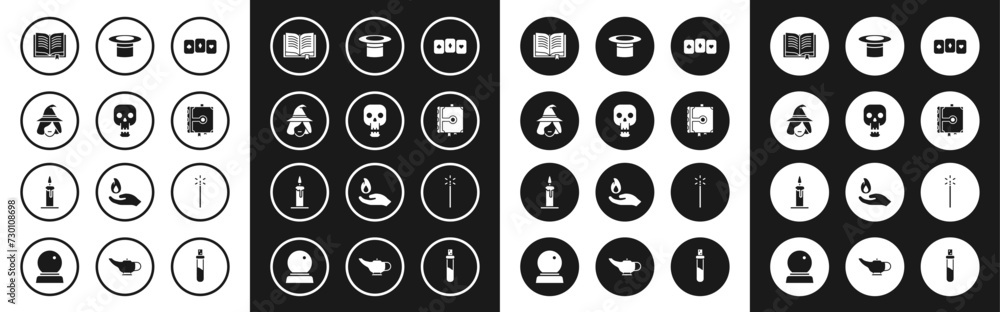 Set Playing cards, Skull, Witch, Ancient magic book, Magician hat, wand and Burning candle candlestick icon. Vector