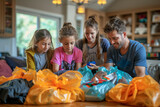 A family filling donation bags with gently used clothes, toys, and books, organizing them in their living room for a charity pickup