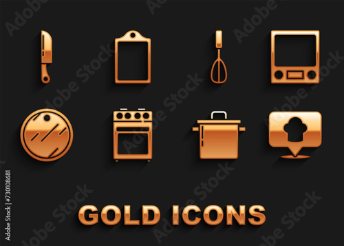 Set Oven, Electronic scales, Chef hat with location, Cooking pot, Cutting board, Kitchen whisk, Knife and icon. Vector