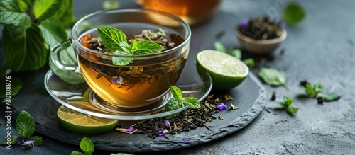 Herbal mint tea served in a glass cup, with dried tea, lime, and herbs on a slate plate at a restaurant or teahouse.