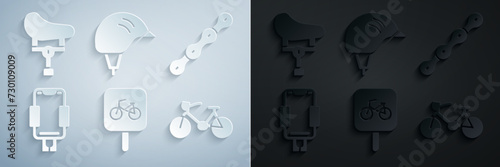 Set Bicycle parking, chain, Mobile holder, helmet and seat icon. Vector