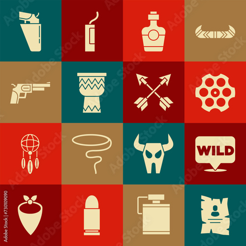 Set Wanted western poster, Pointer to wild, Revolver cylinder, Tequila bottle, Drum, gun, holster and Crossed arrows icon. Vector