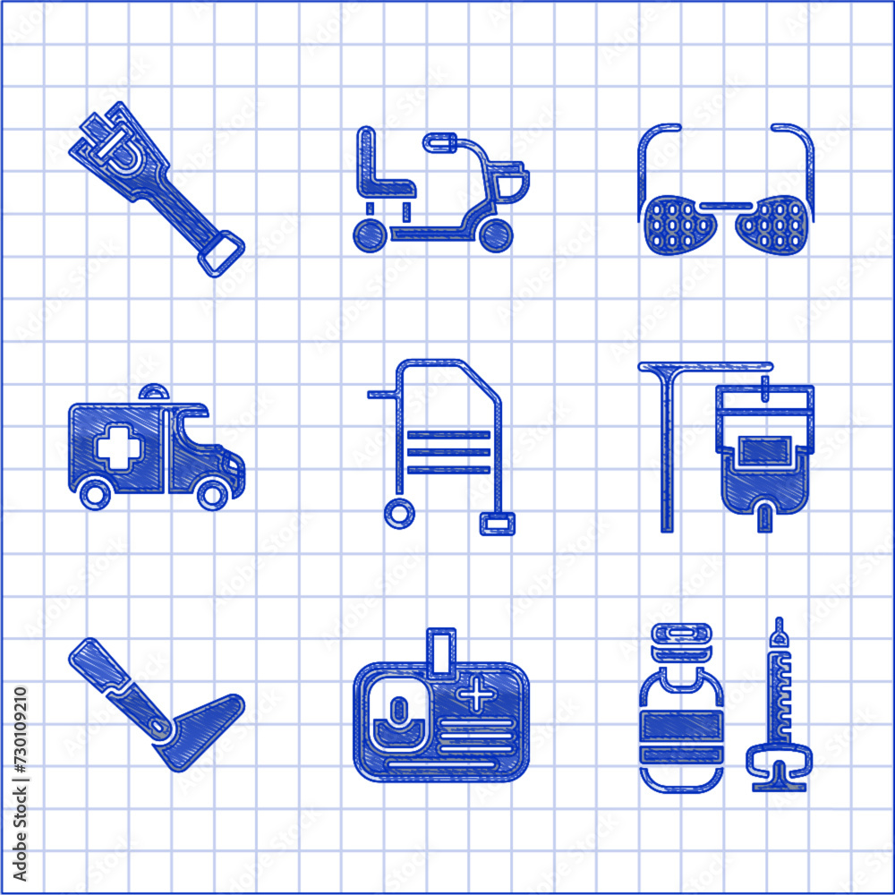 Set Walker, Identification badge, Syringe, IV bag, Prosthesis leg, Emergency car, Blind glasses and icon. Vector Set Walker, Identification badge, Syringe, IV bag, Prosthesis leg, Emergency car, Blind glasses and icon. Vector