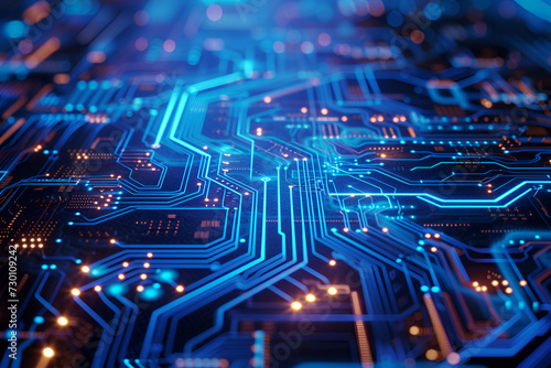 a close-up view of an electronic circuit board illuminated by bright blue lights. The intricate pathways and connections on the surface create a futuristic and technological aesthetics