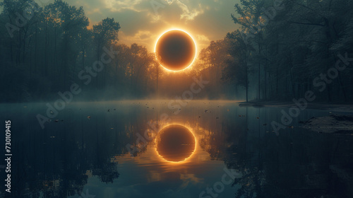 eclipse over green morning lake 2024 generative art