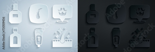 Set Electric razor blade, Barbershop, Bottle of shampoo, Oil for hair care treatment, Human follicle and Aftershave icon. Vector