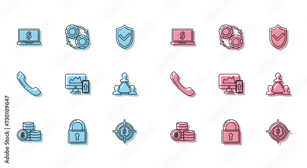 Set line Cryptocurrency coin Bitcoin, Financial chart or graph on the computer monitor and mobile phone, Project team base, Telephone handset and Gear arrows workflow process concept icon. Vector Set line Cryptocurrency coin Bitcoin, Financial chart or graph on the computer monitor and mobile phone, Project team base, Telephone handset and Gear arrows workflow process concept icon. Vector