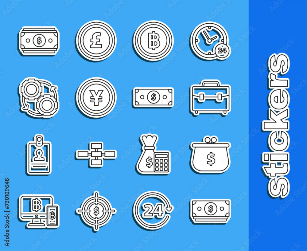 Set line Stacks paper money cash, Wallet with with dollar symbol, Briefcase, Cryptocurrency coin Bitcoin, Coin Yen, Gear and arrows workflow process concept, and icon. Vector Set line Stacks paper money cash, Wallet with with dollar symbol, Briefcase, Cryptocurrency coin Bitcoin, Coin Yen, Gear and arrows workflow process concept, and icon. Vector
