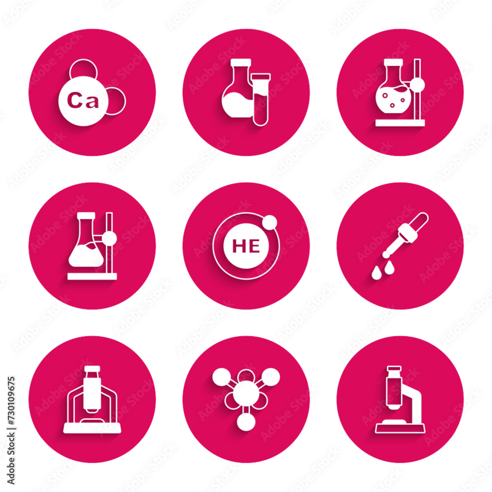 Set Helium, Molecule, Microscope, Pipette, Test tube flask on stand, and Mineral Ca Calcium icon. Vector Set Helium, Molecule, Microscope, Pipette, Test tube flask on stand, and Mineral Ca Calcium icon. Vector