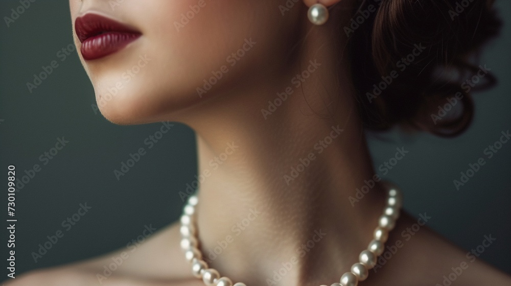 A graceful woman wearing a classic pearl necklace, exuding timeless elegance and sophistication in her fashion choice