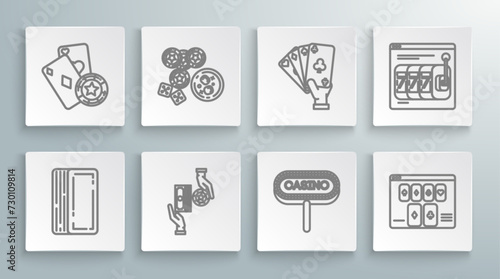Set line Deck of playing cards, game dice and glass whiskey with ice cubes, exchange on stacks dollars, signboard, Online poker table, Hand holding, slot machine lucky sevens jackpot and icon. Vector