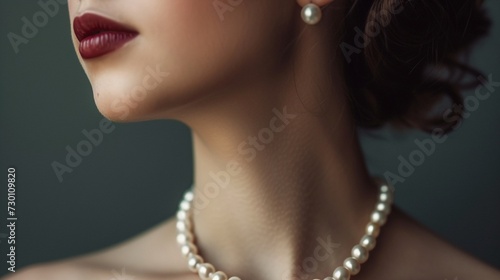 A graceful woman wearing a classic pearl necklace, exuding timeless elegance and sophistication in her fashion choice