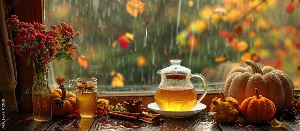 Cozy autumn display with hot tea, honey, pumpkins, cinnamon, and flowers by rainy window.
