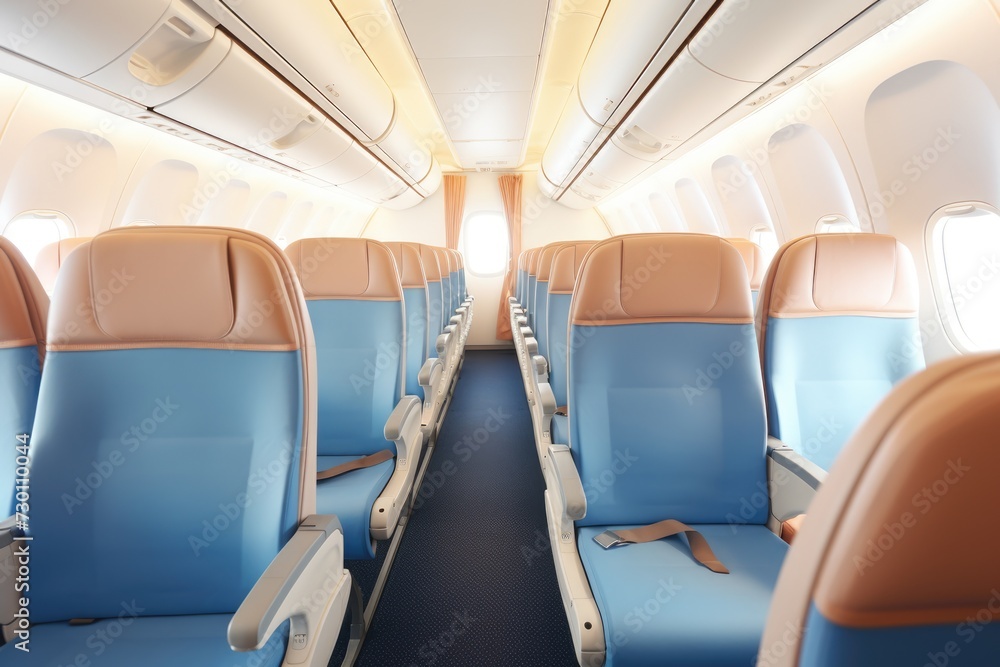 Obraz premium Empty Airplane Cabin Interior for Comfortable Flight Experience: Airline Passenger Chairs and Aisle