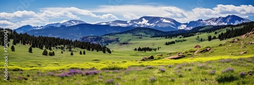 Scenic Vista of Evergreen Meadow in the Foothills of Colorado Rockies with Rocky Mountain photo
