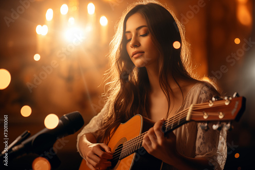 A young woman playing a soulful song on the guitar in front of a microphone, with candles lit in the background. A meaningful, beautiful moment filled with bliss.