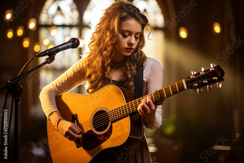 Teenager playing the guitar in a church, in front of a microphone.