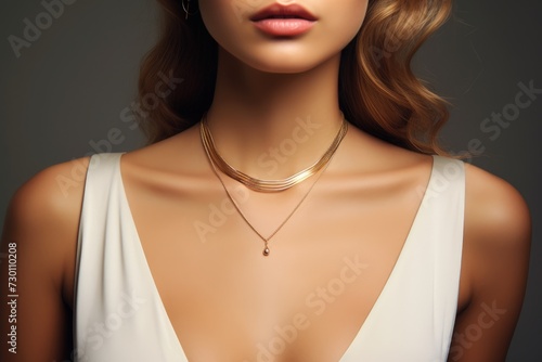 Shiny and Beautiful Golden Necklaces on Young Woman. Cropped View of Luxury Jewellery on Model