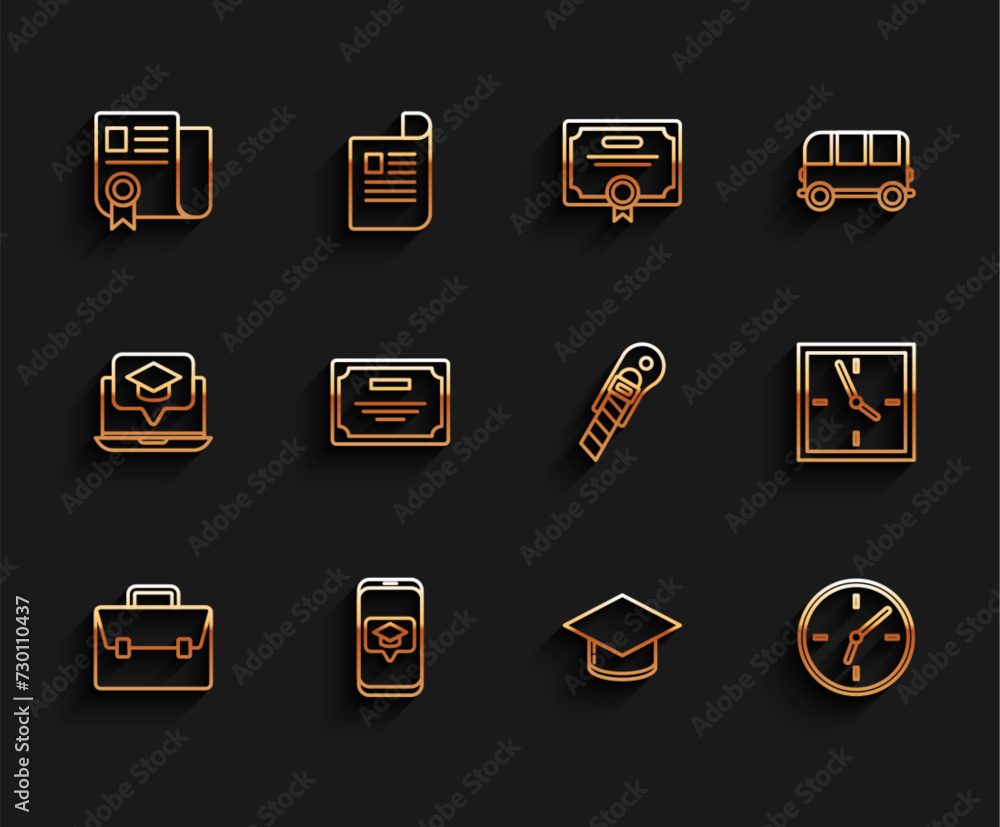 Set line Briefcase, Graduation cap on screen smartphone, Certificate template, Clock, and Stationery knife icon. Vector Set line Briefcase, Graduation cap on screen smartphone, Certificate template, Clock, and Stationery knife icon. Vector