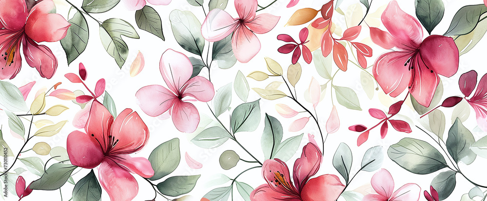 watercolor pattern with flowers and leaves, pink and crimson. gentle natural background, flora and botany - obrazy, fototapety, plakaty 