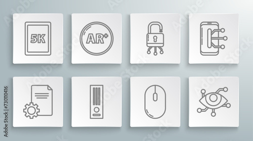 Set line File document, Ar, augmented reality, Video game console, Computer mouse, Virtual, Lock digital circuit board, Smartphone, mobile phone and Tablet with text 5k icon. Vector
